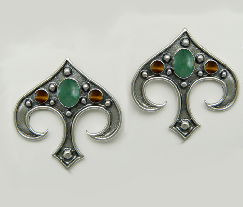 Sterling Silver Gothic Inspired Drop Dangle Earrings With Jade And Tiger Eye